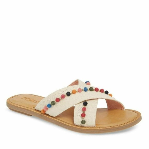 Toms Shoes - TOMS Viv Pom Pom Slide Cream Sandals Size 8.5 EUC